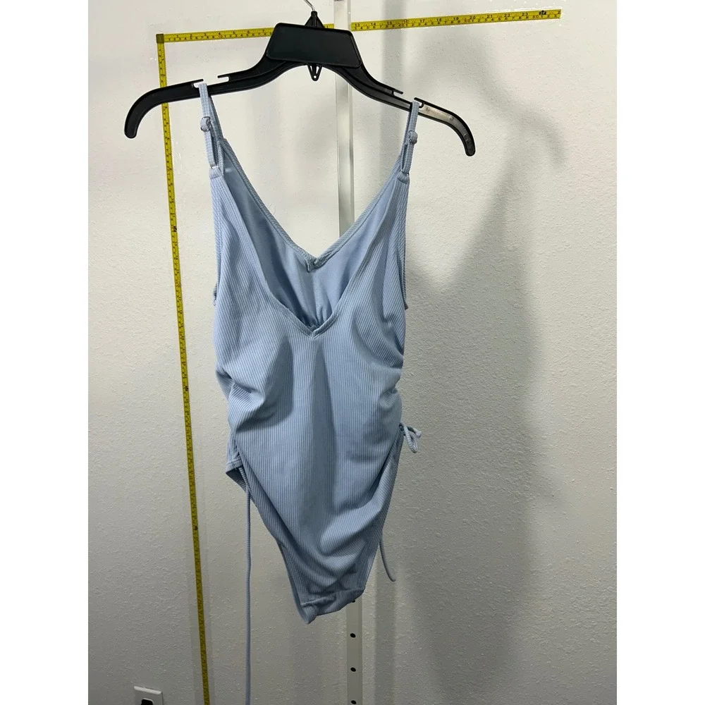 Time and Tru Womens Blue Ribbed Ruched One Piece‎ Swimsuit Size M 8-10 V-Neck